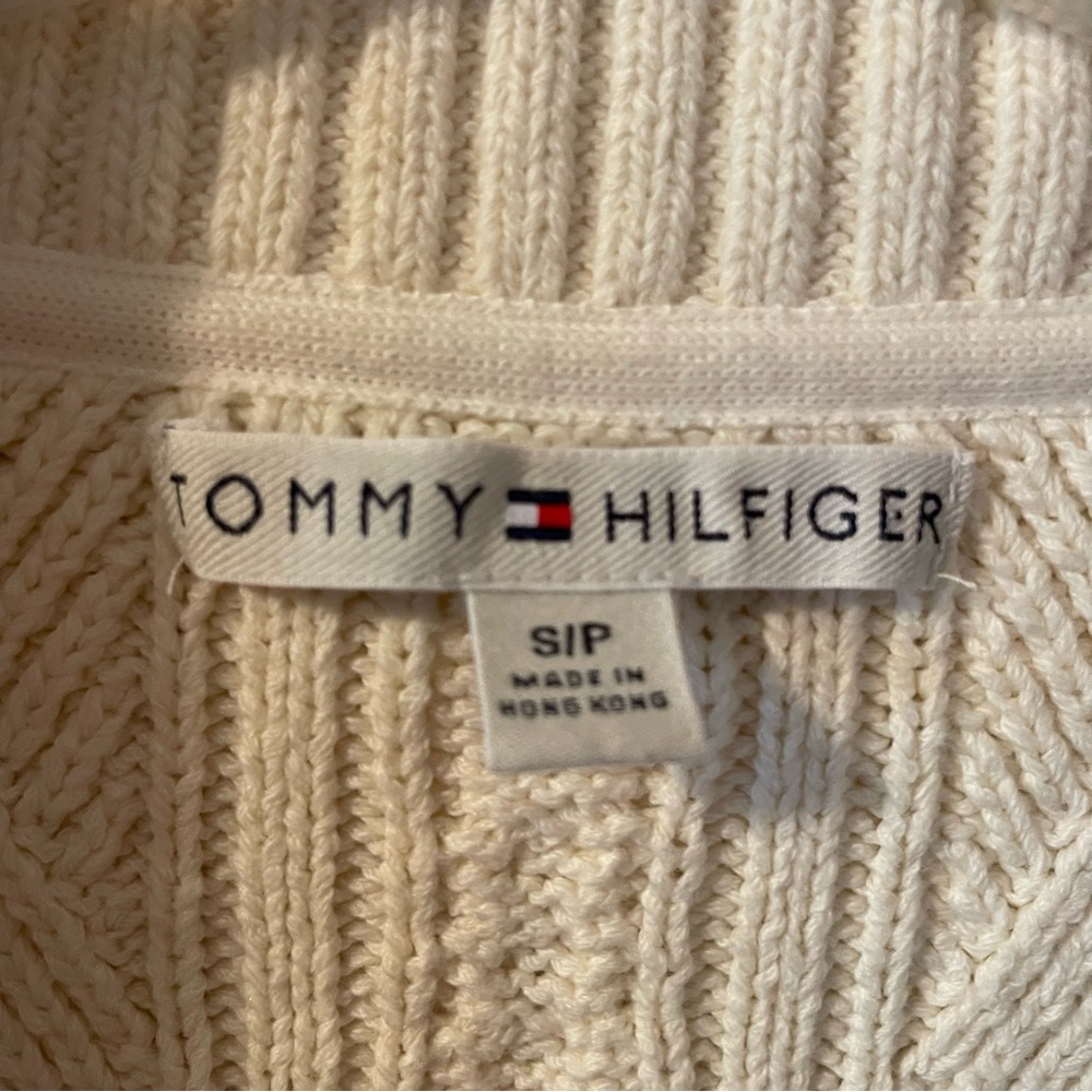 Tommy Hilfiger Cream Cable-Knit Open Cardigan with Navy Stripe Trim - Picture 6 of 9